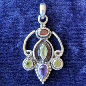 Exotic 925 sterling silver vintage handmade pendant w garnet, period, amethyst